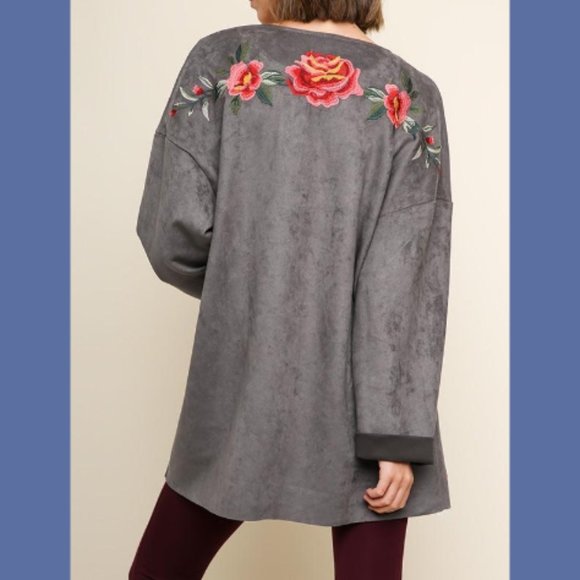 New UMGEE M gray embroidered roses open style sueded texture open tunic jacket - Picture 6 of 7